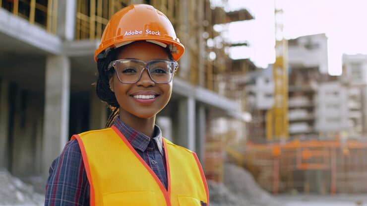 smiling young black woman engineer wearing orange helmet vest construction site 230363 37170